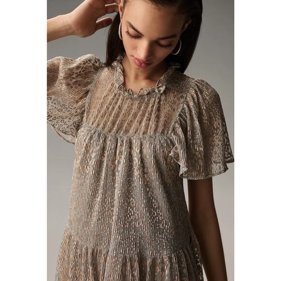 EUC Anthropologie Short-Sleeve Gold Silver Maxi Dress - Small - Picture 4 of 5